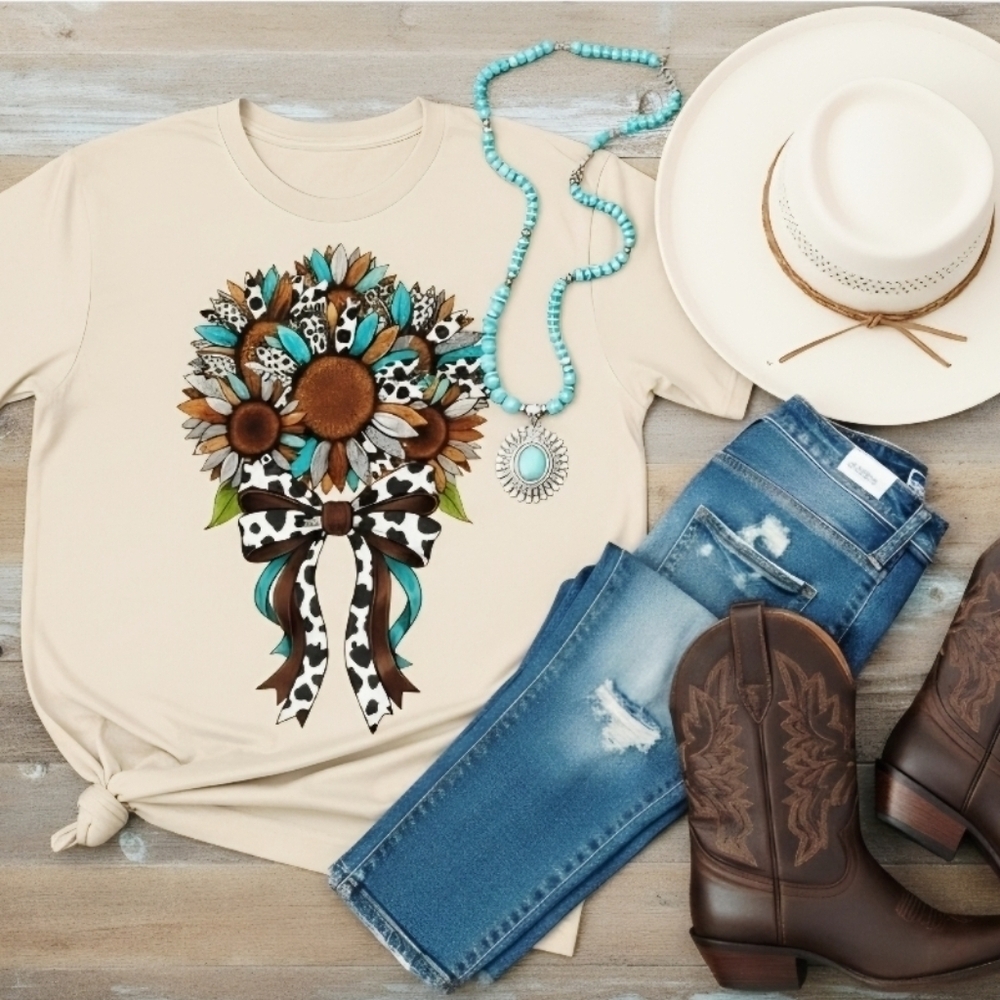 Western Sunflower Bouquet Tee • Cow Print Bow • Turquoise Floral Graphic Shirt